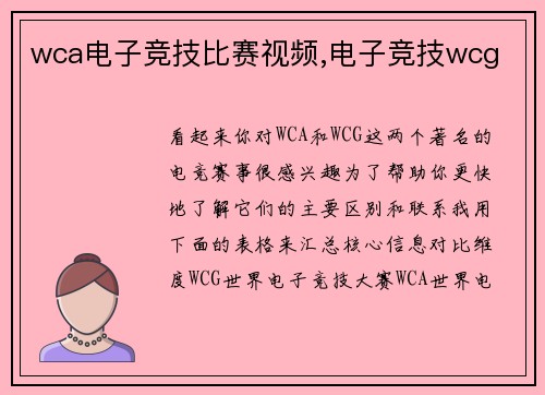 wca电子竞技比赛视频,电子竞技wcg